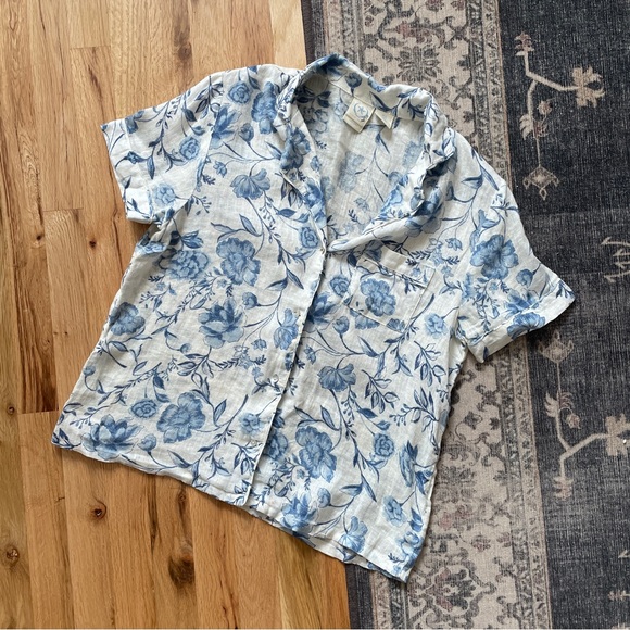 Rachel Ashwell Floral Blue White Linen Short Sleeve Button Down Small - Picture 1 of 5